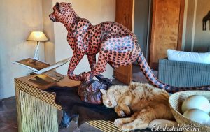 Un chat, bien heureux au pied du symbole de Bagatelle : le guépard